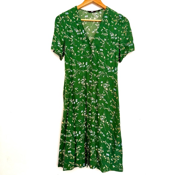 Uniqlo Green Floral Button Down Tea Dress With Pockets Size X Small - Picture 2 of 6